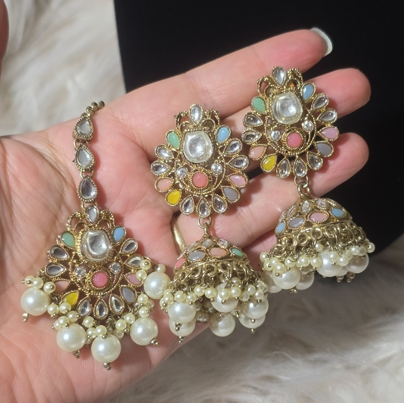Traditional Desi Bollywood Indian Pakistani necklace earrings tikka set - Picture 5 of 10